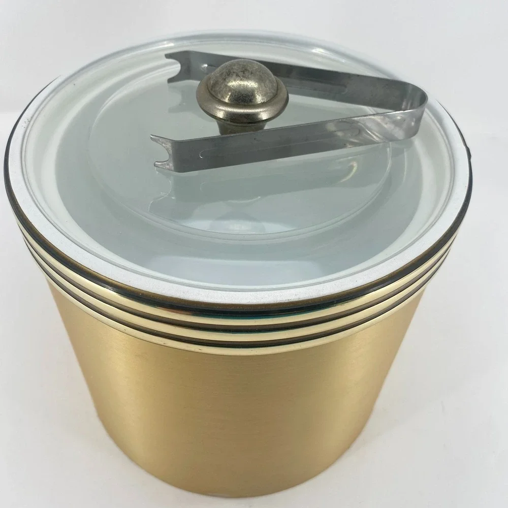 Vintage Ice Bucket Gold Toned with Lid and Ice Tongs Mid Century Barware Round